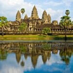 Angkor Wat temple and lake in Cambodia before sunset