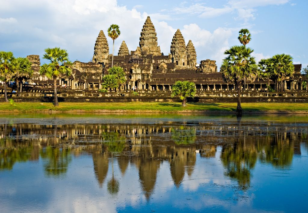 Angkor Wat temple and lake in Cambodia before sunset