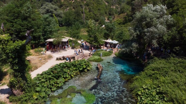 Blue Eye spring in Albania surrounded by trees.