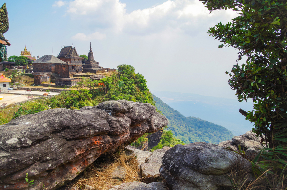 Temples on a mountain with views in Cambodia.