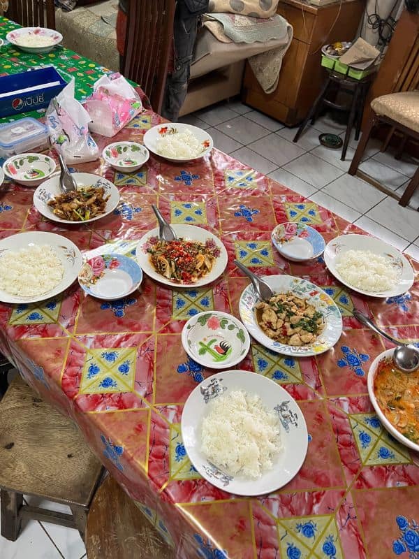 Plates on a table in Bangkok, Thailand.