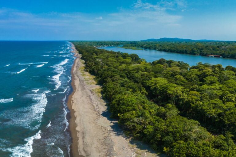 Aerial view of the coastline in Tortuguero, Costa Rica, showing the ocean, beach, and dense green rainforest bordering a lagoon.