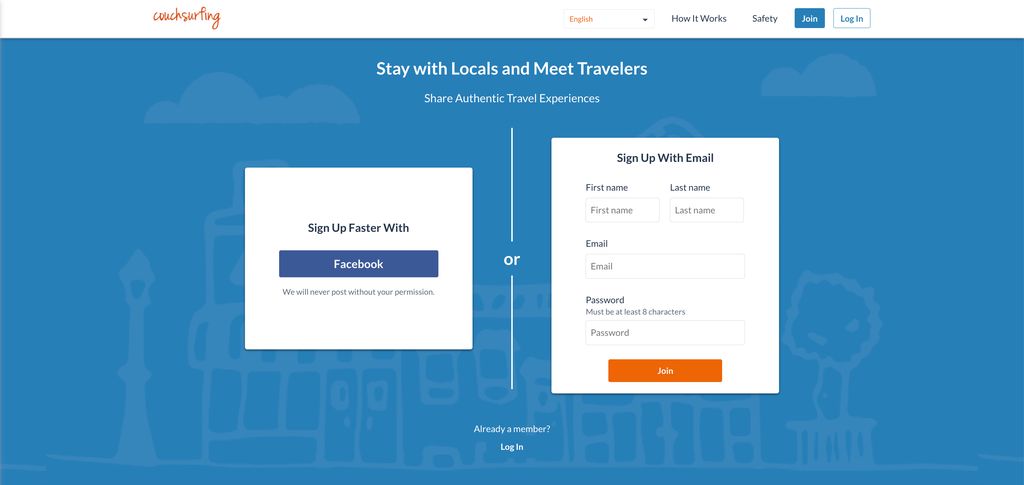 The homepage of couchsurfing.com