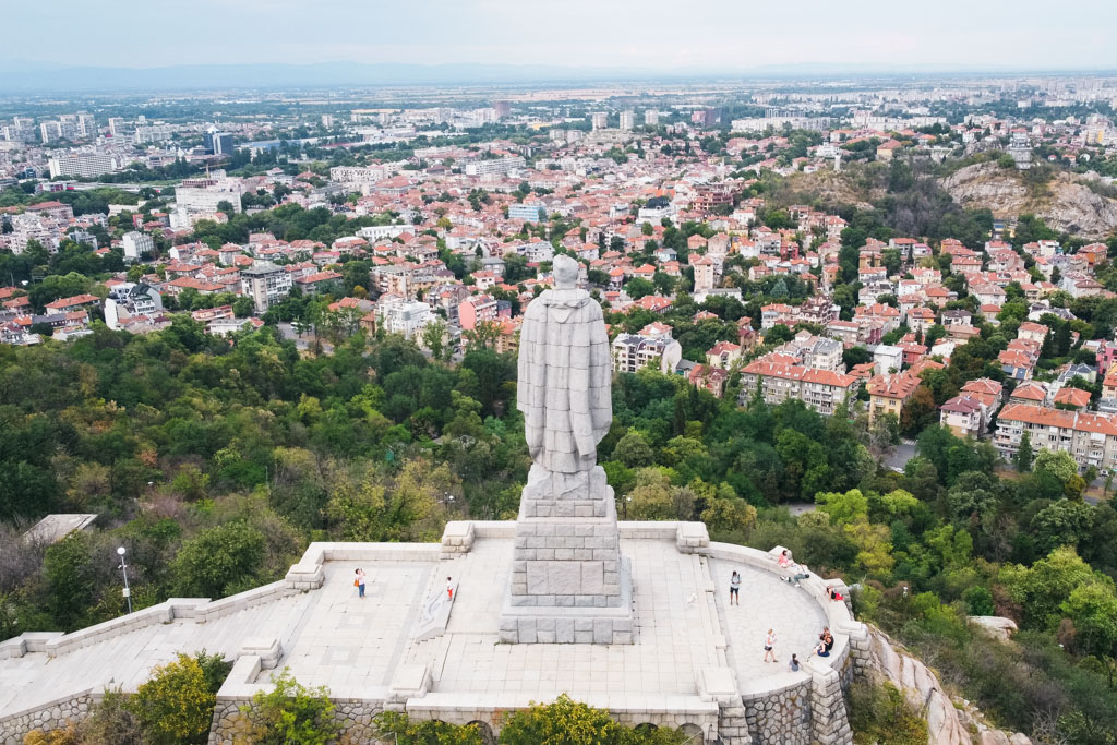 Statue and view of the town of Plovdiv in Bulgaria.