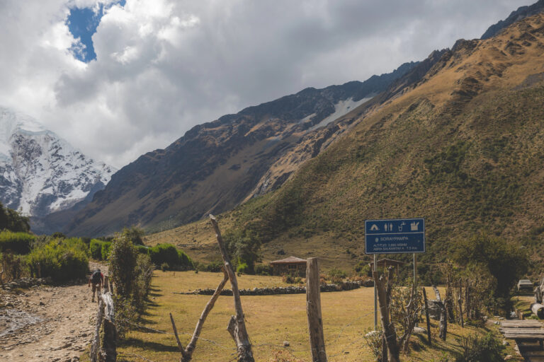 A view of the first checkpoint and camping site along the Salkantay Trail, Peru