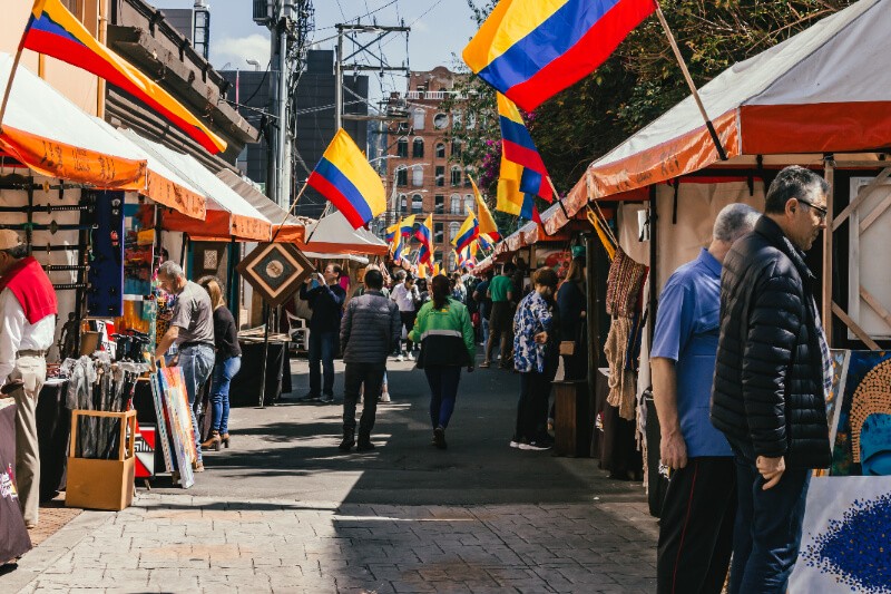 A flea market with Colombian flags in Bogota.