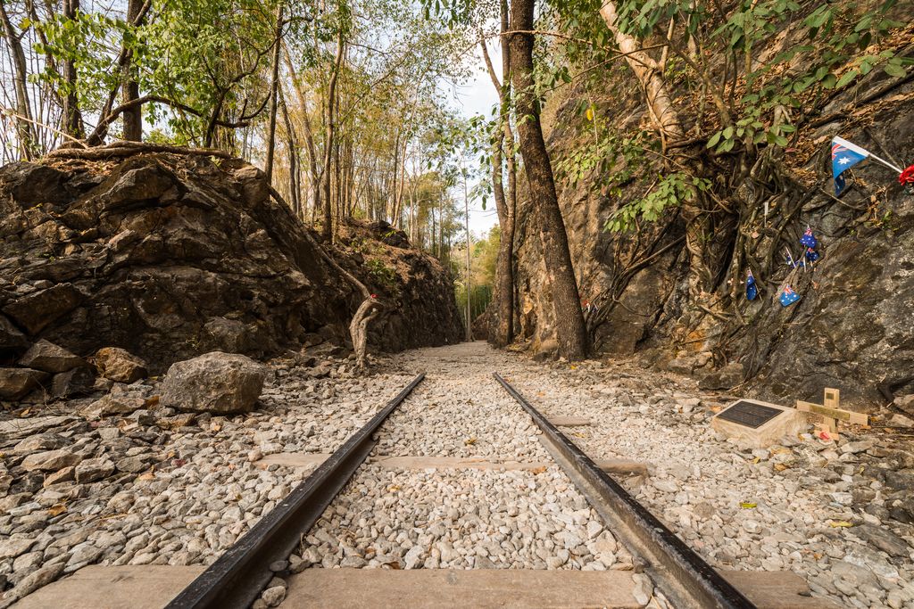 The railway track at the Hellfire Pass in Kanchanaburi, Thailand.