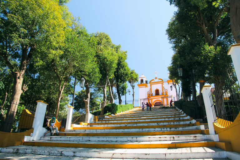 The stairs to a church surrounded by trees in San Cristobal, Mexico.