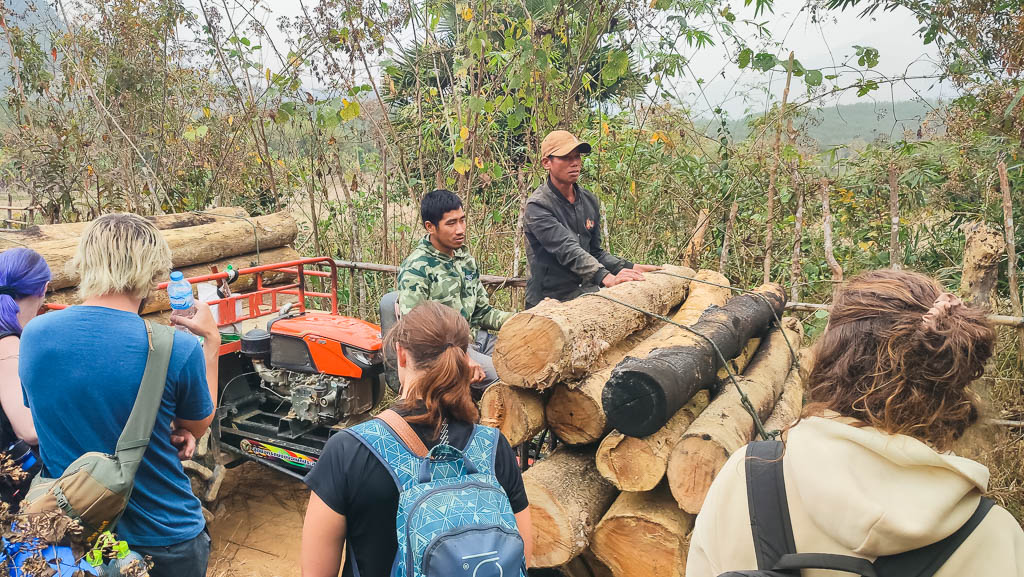 People hiking with a vehicle of men and wooden logs passing by.