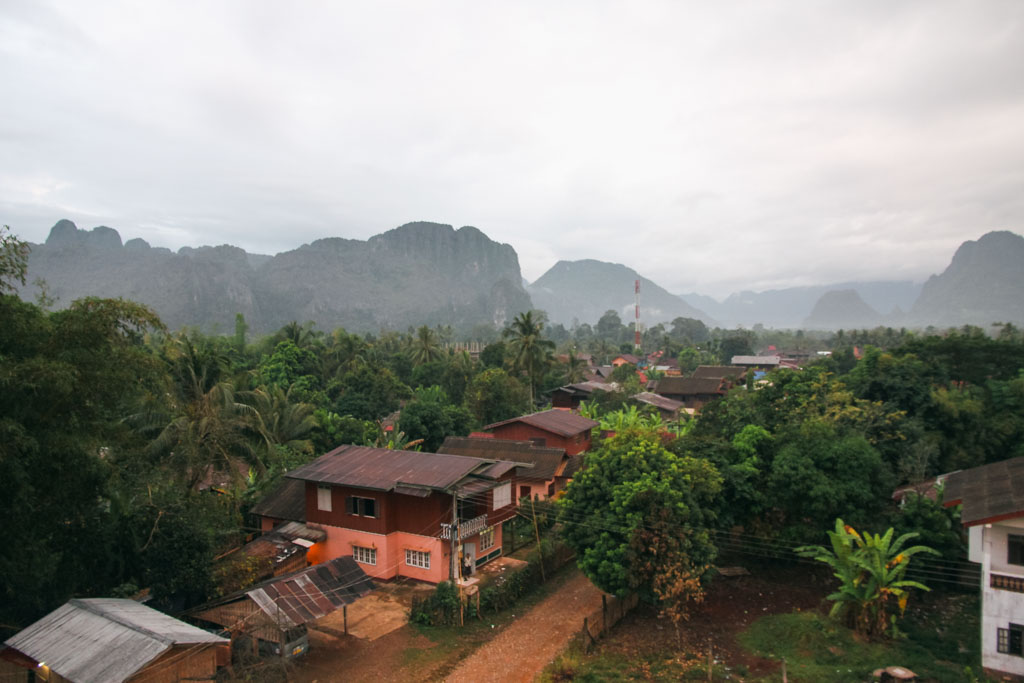 A mountainous town in Laos on a cloudy day.
