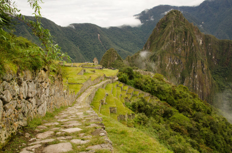 A stone path winds through lush green terraces towards a mountain peak in inca trail approaching Machu Picchu