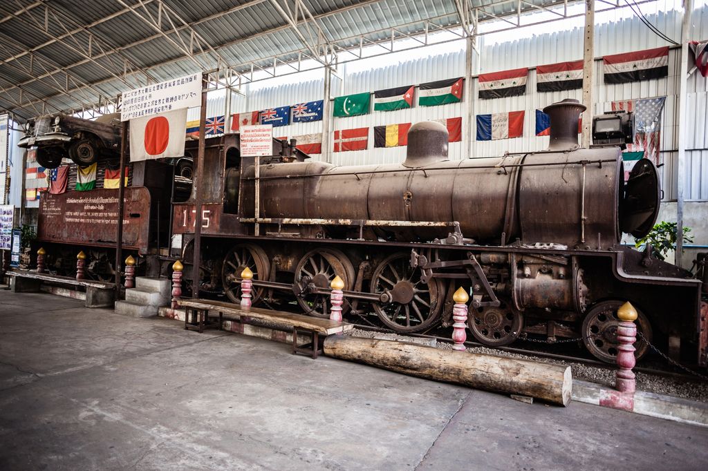 An ancient steam train inside a war museum in Kanchanaburi, Thailand.