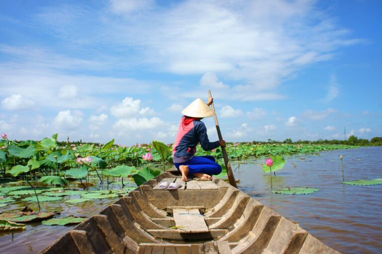 A person rowing a boat on a lotus flower pond in Vietnam.