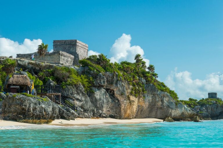 The Mayan Ruins on a cliff at the beach in Tulum, Yucatan, Mexico