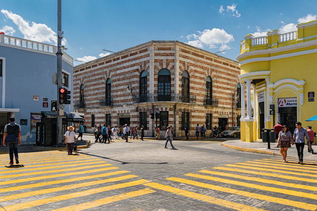 People walking at a crossing in Merida, Mexico
