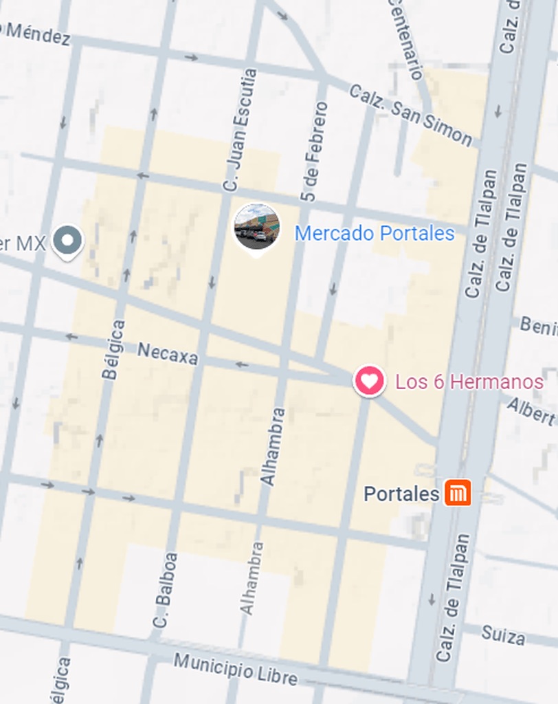 A CDMX map that shows the location of the Mercado Portales.