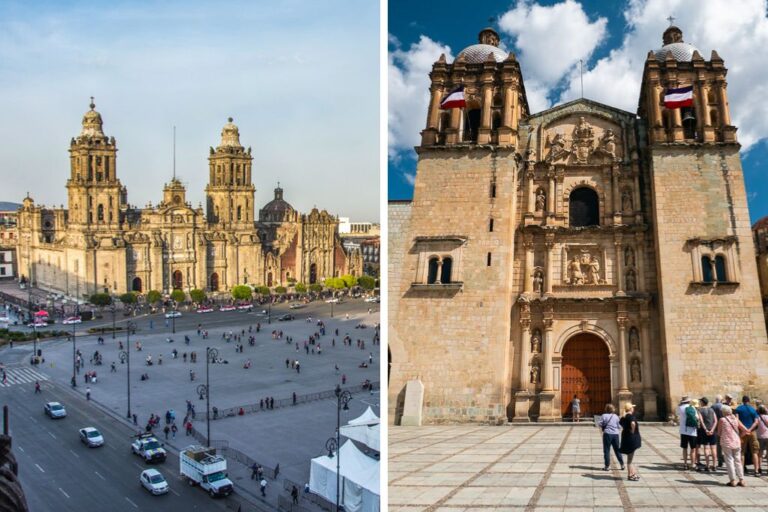 The front of a church in Mexico City and the front of a church in Oaxaca City.