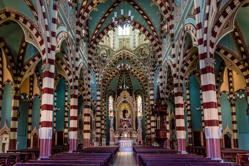 The interior of The National Shrine of Our Lady of Carmen in Bogota, Colombia.
