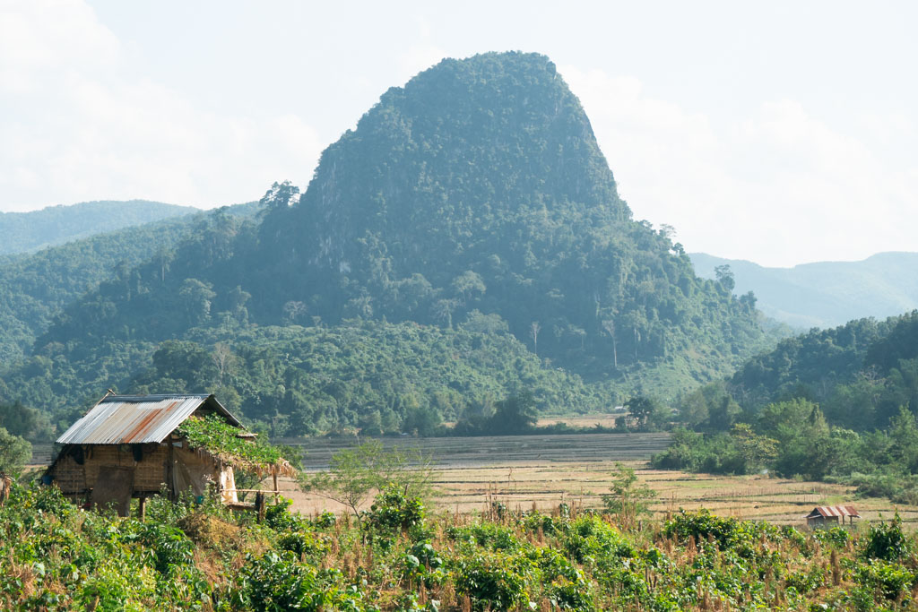 A field and a small house on a mountain in Laos.