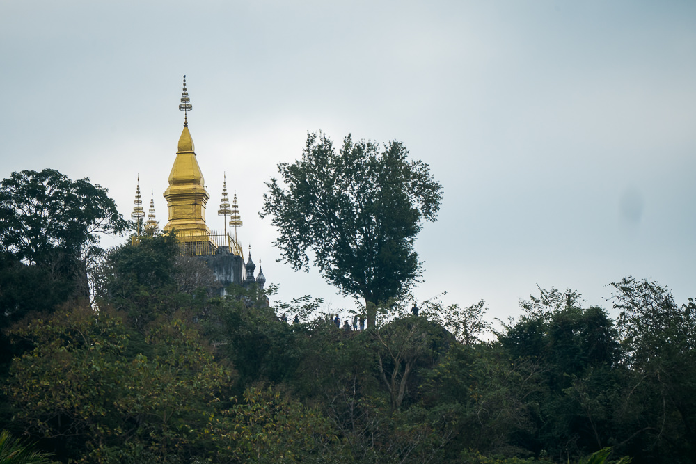 The top of a gold colored temple surrounded by trees in Laos.