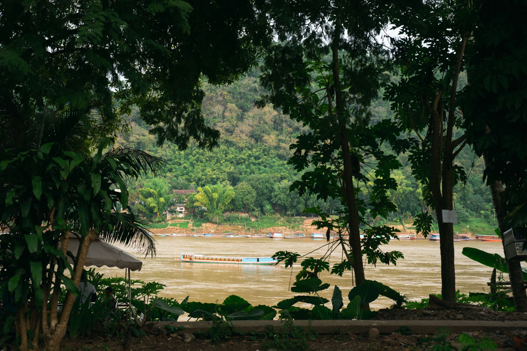 A long boat on a river surrounded by lush jungle in Laos.