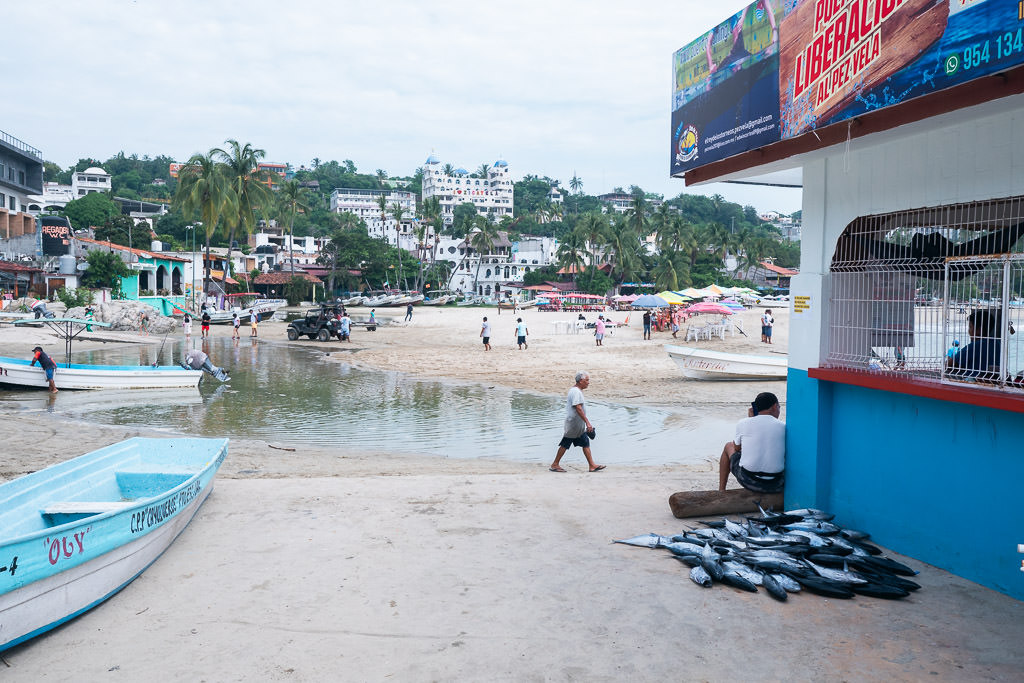Beach scene in Puerto Escondido, Mexico, with a blue boat, a pile of fish, and people walking near the shore, with a hillside town in the background