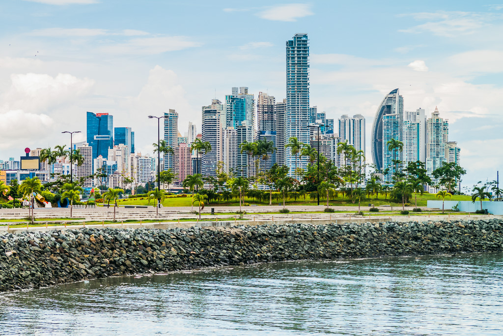 Panama City buildings in the distance and park and coast.