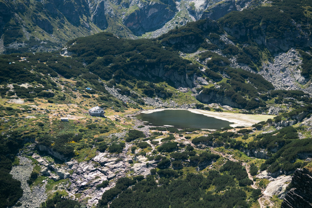 The lake view below from a higher elevation at Seven Rila Lakes hike in Bulgaria.