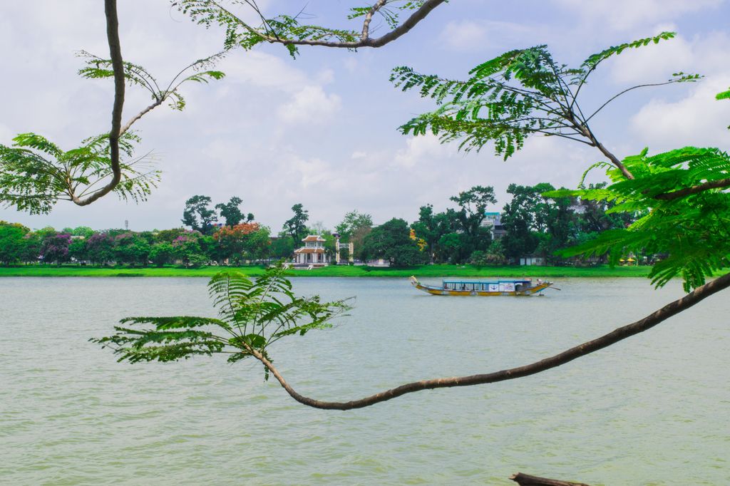 Tree branches with the Perfume River of Hue, Vietnam in the background.