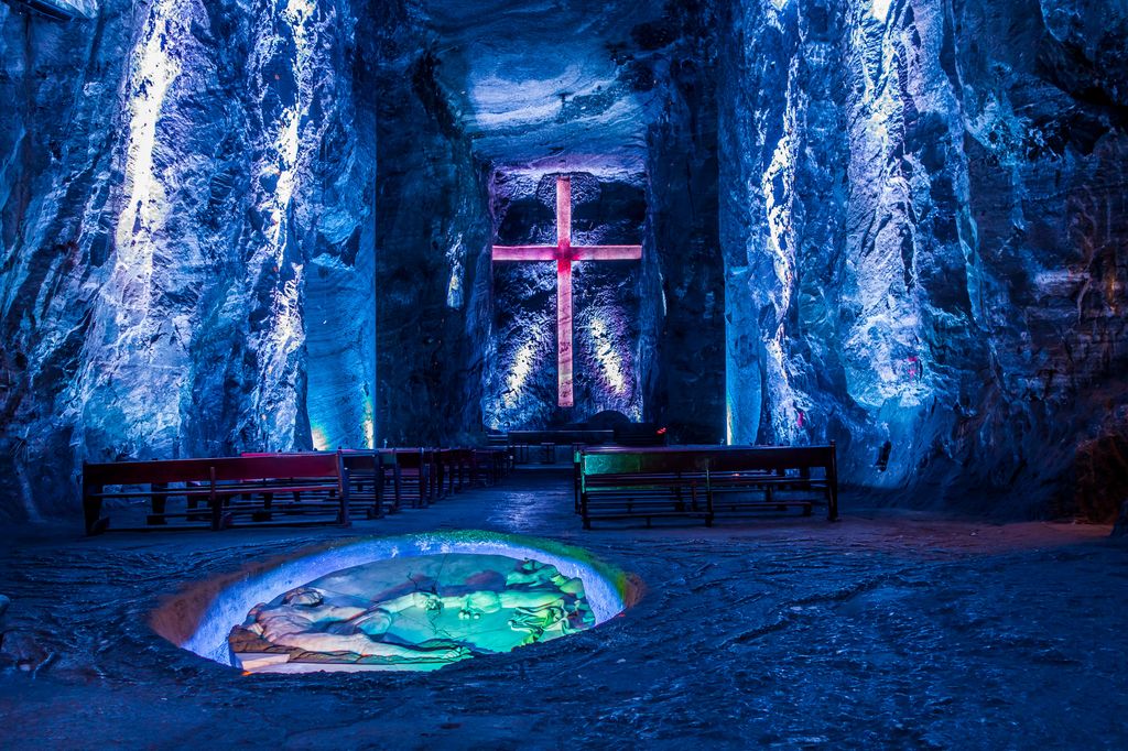Underground salt and marble cathedral with sculptures.