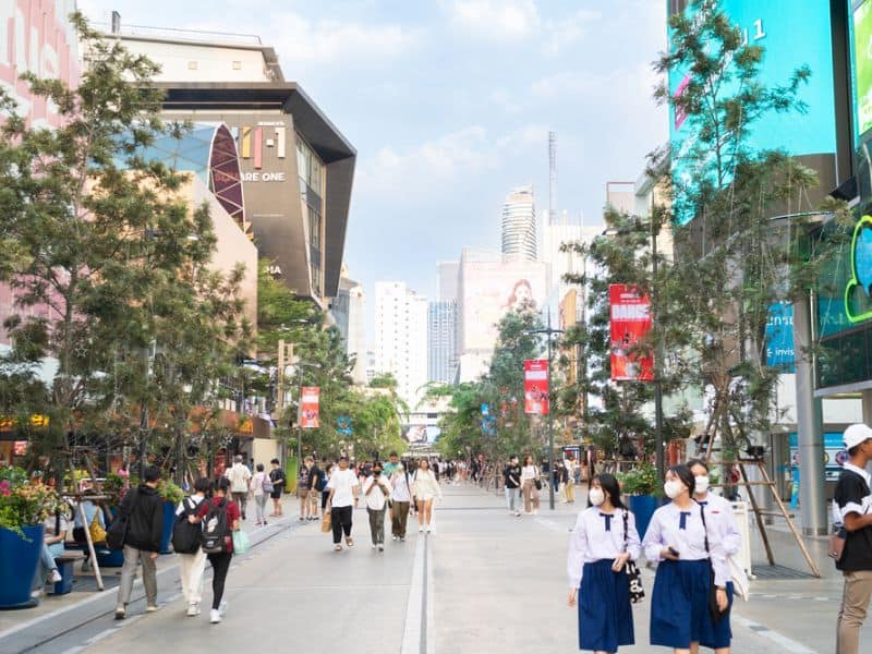 People walking at a business district in Bangkok, Thailand.