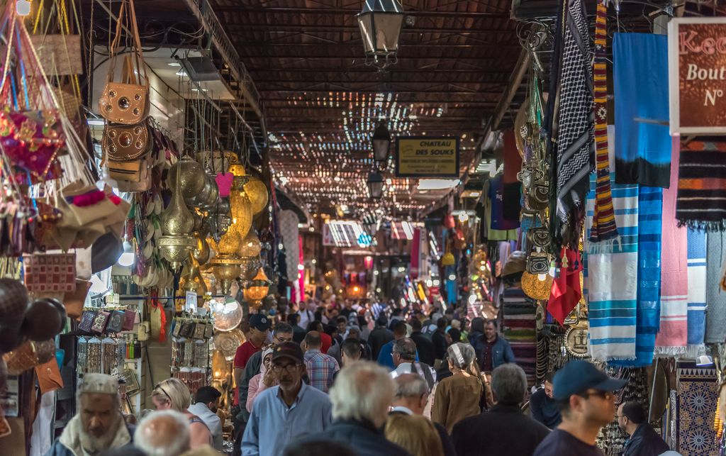 Souk market in Marrakech, Morocco packed with people