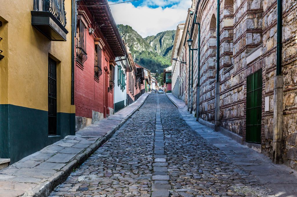 An empty street in La Candelaria, Bogota, Colombia.