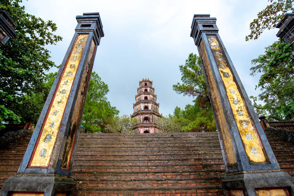 Columns and the stairs to the Thien Mu Pagoda in Hue, Vietnam.