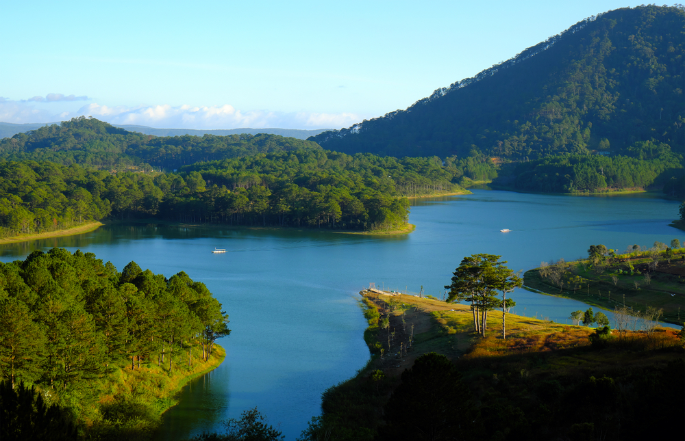 Tuyen Lam Lake surrounded by mountains in Dalat, Vietnam.
