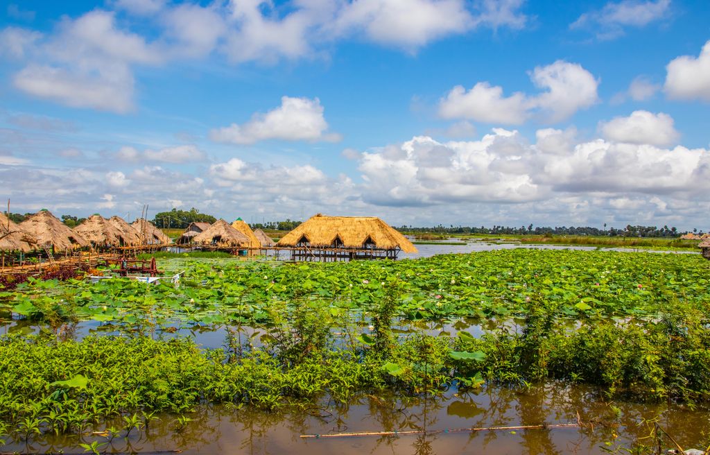 Tonle Sap Lake on a sunny day in Siem Reap, Cambodia.