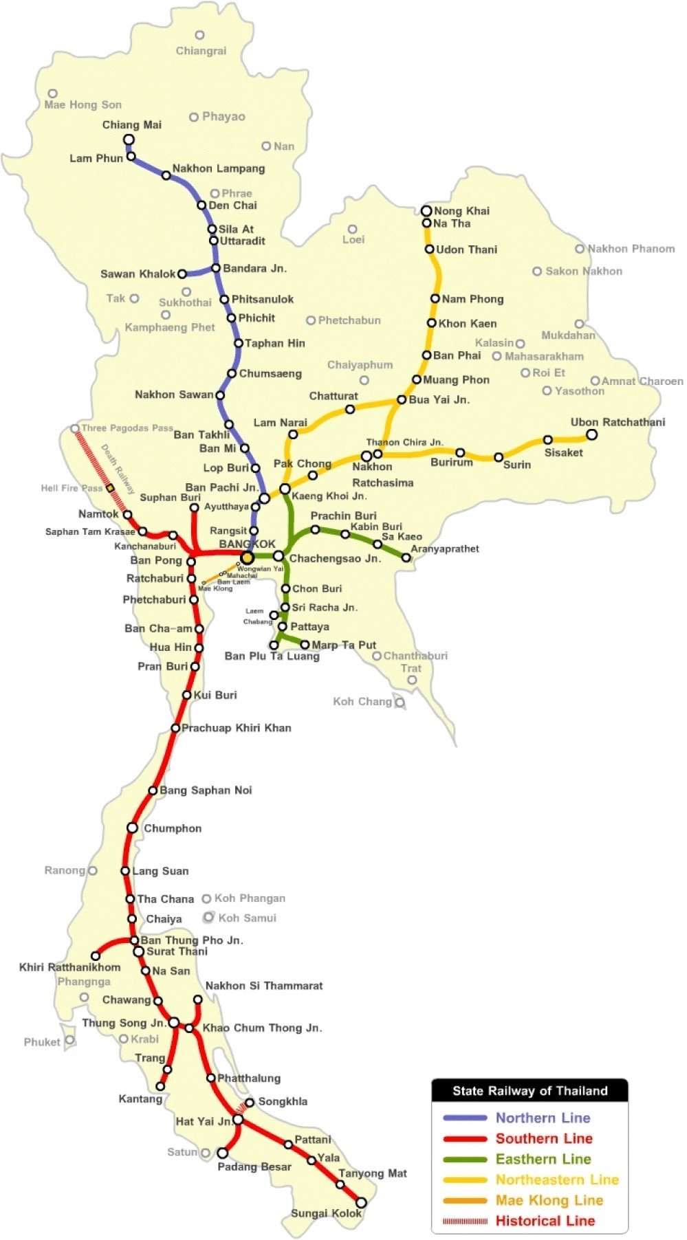 A map of Thailand with train routes.