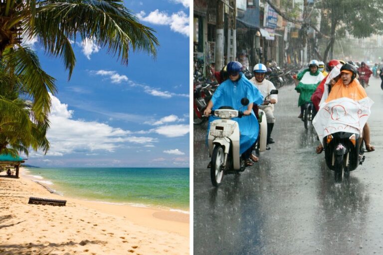 A photoset of a sunny beach on the left and people riding motorcycles in the rain in a city in Vietnam.