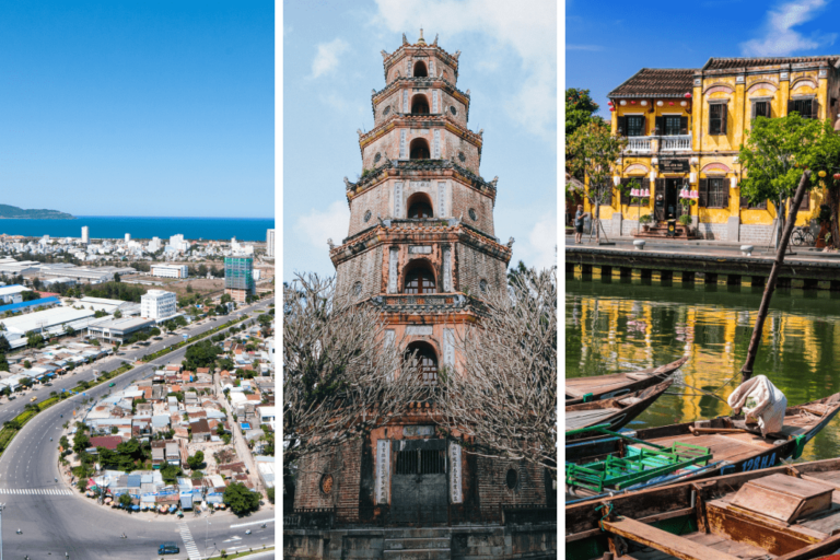 A photoset of Da Nang City, a temple in Hue, and a yellow buildings by the river with boats in Hoi An, Vietnam.