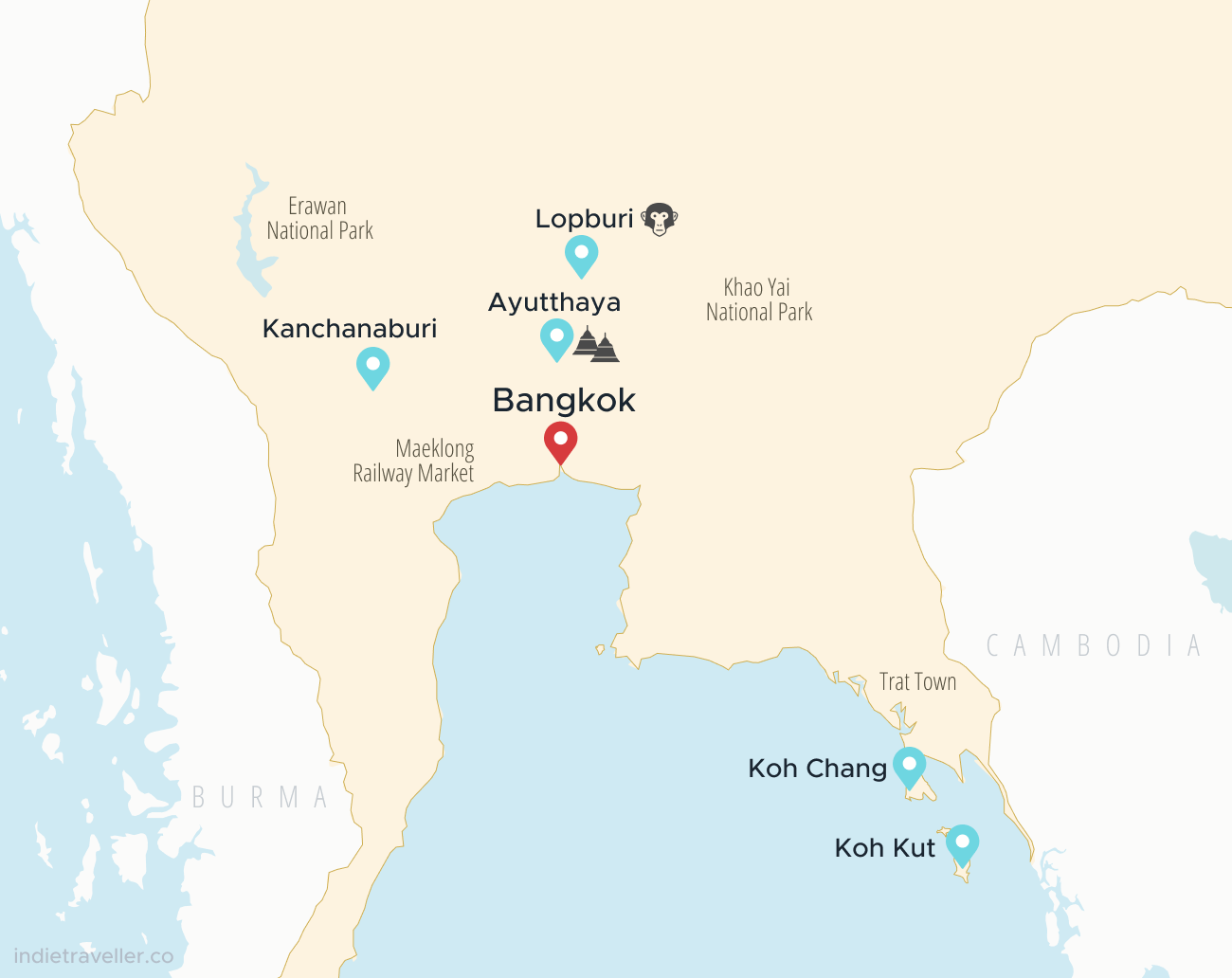Map showing the best places to travel in Central Thailand